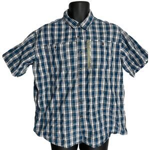Haband Travelers Shirt Men L Blue White Plaid Button Up Short Sleeves Cotton